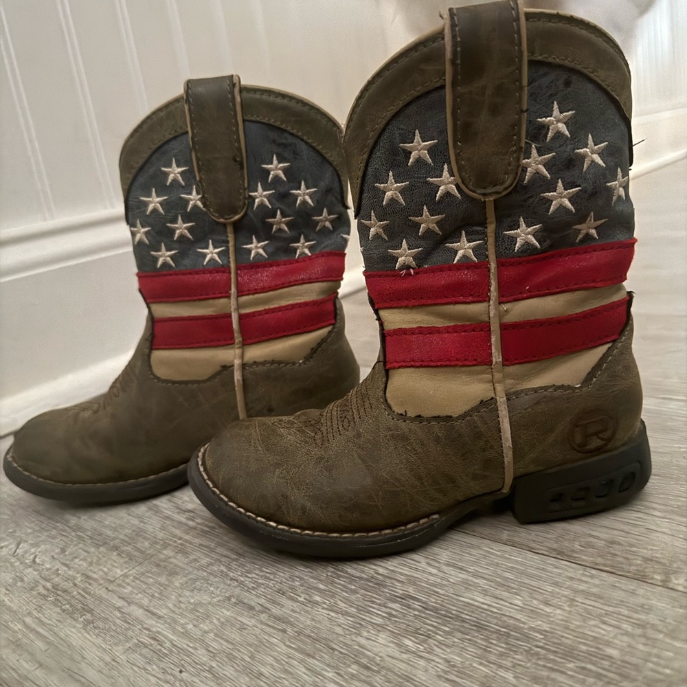 Roper Kids Western Boots Brown with Red, White & Blue Flag Accent